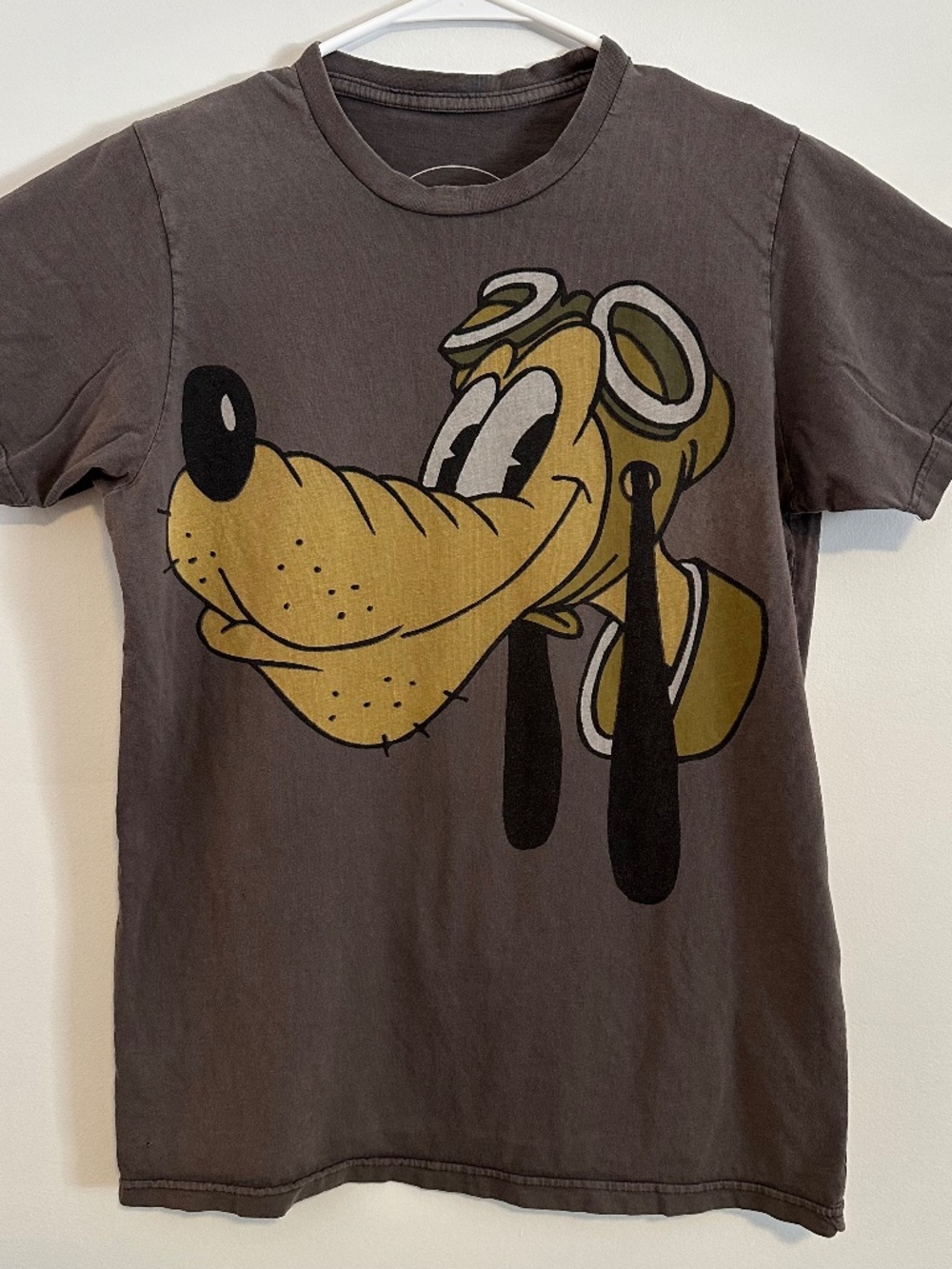 Disney Pluto Dog Aviator Graphic Print T-Shirt Small Gray Y2K Short Sleeve